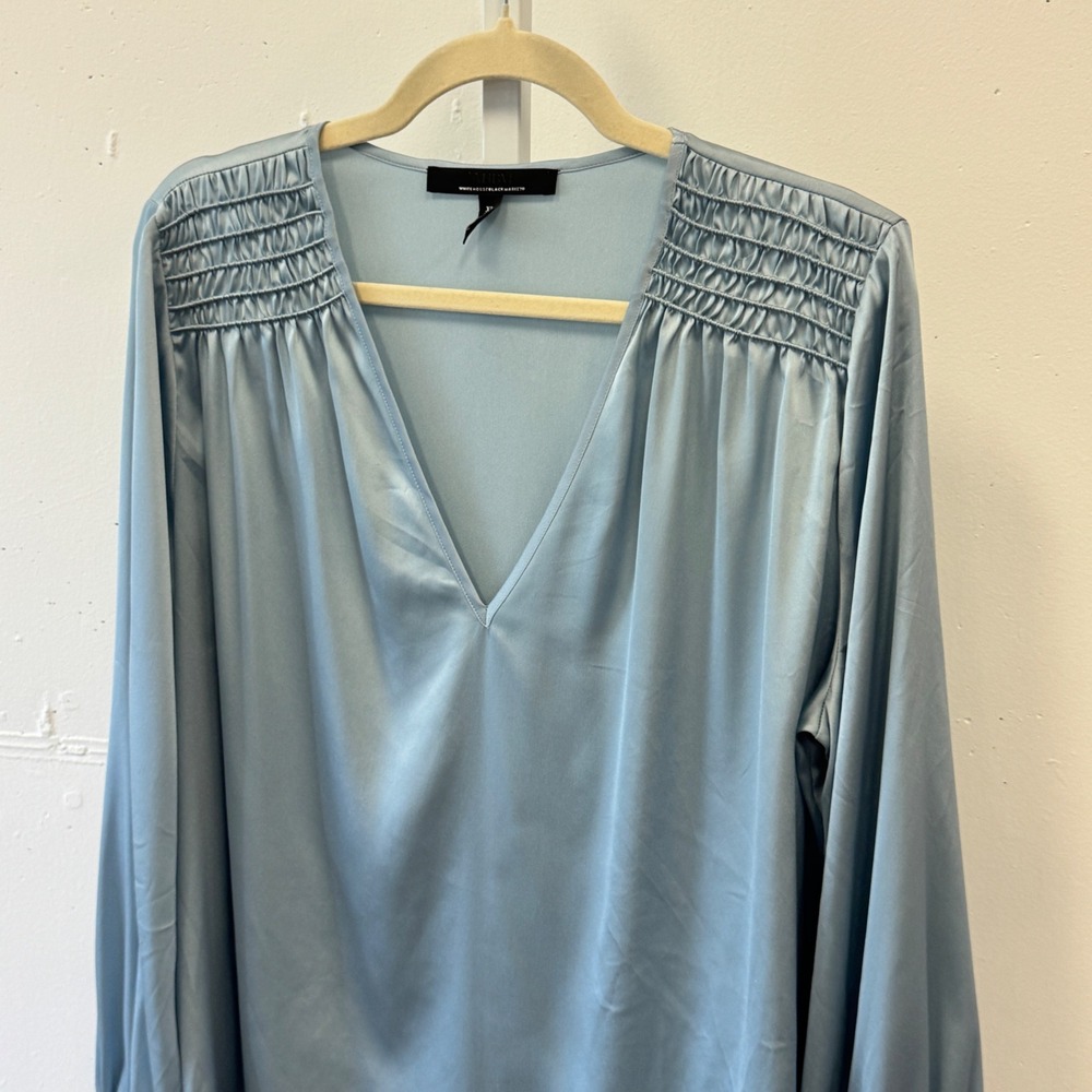 White House Black Market Blue Satin Smocked V-Neck Blouse XL Long Sleeve Top - Picture 3 of 9